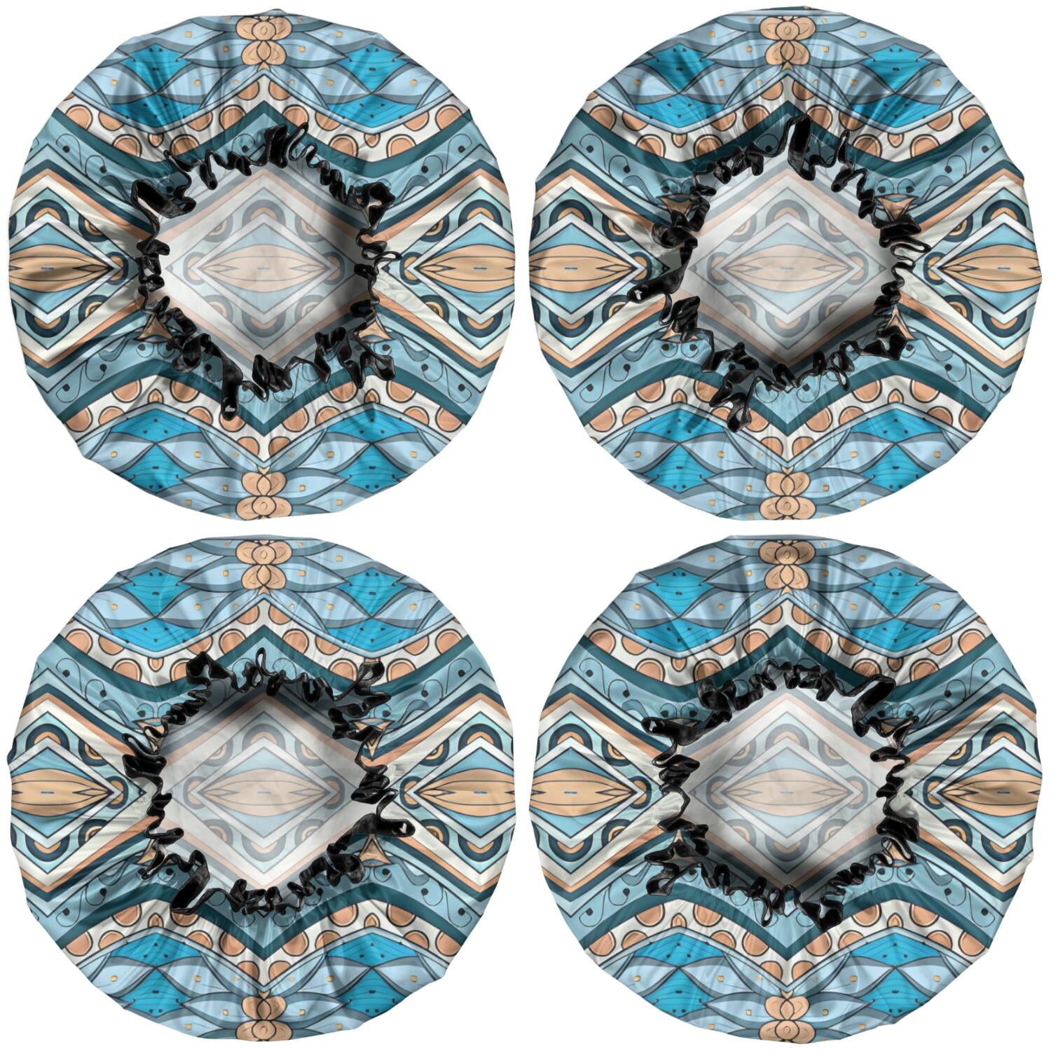Shower Caps,Blue and Orange Floral Boho Pattern Waterproof Shower Cap for Women 4 Pieces,Double Reusable Hair Cover for Shower PEVA Elastic Stretch Hem
