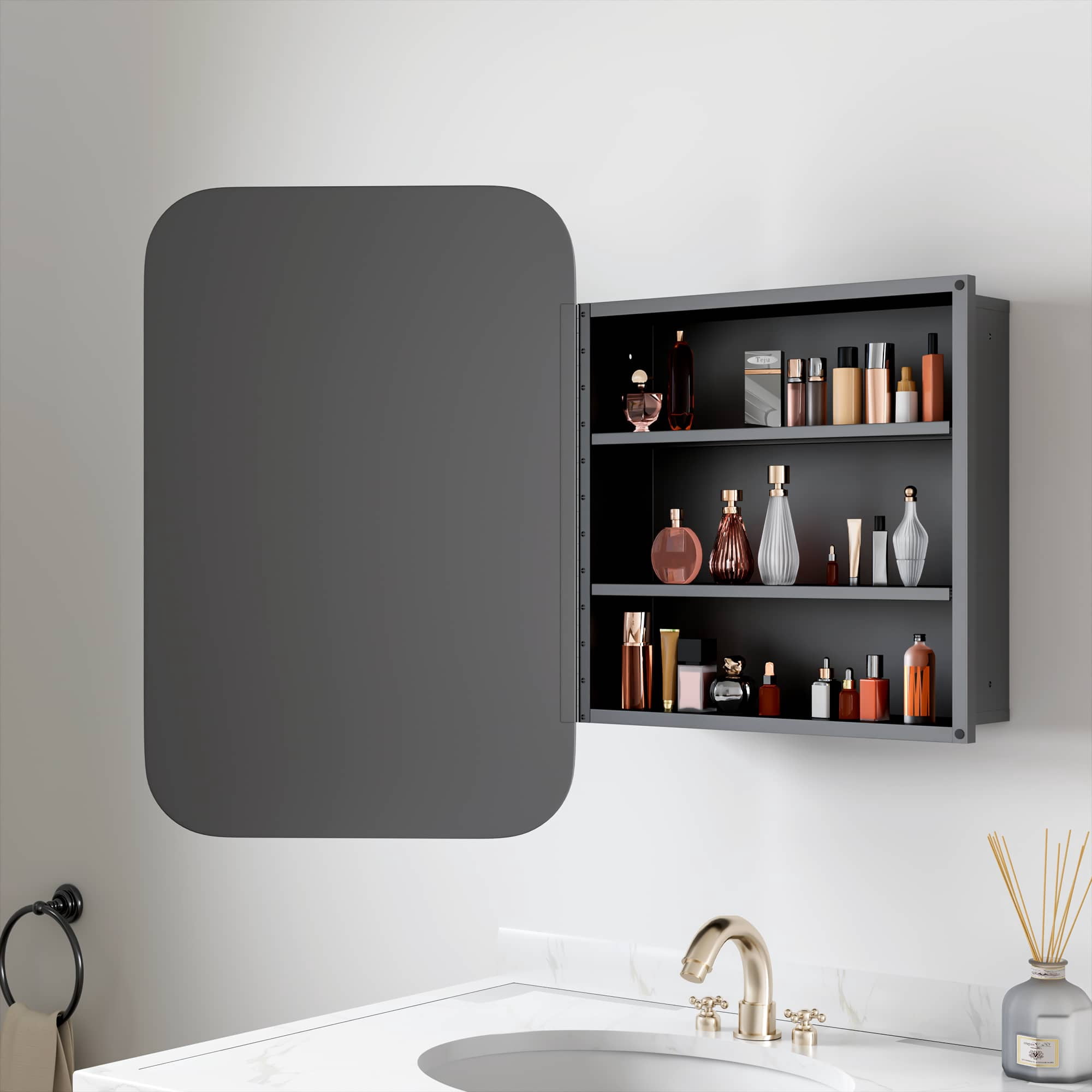 MAYEERTY 24"x16" Iron Rectangular Bathroom Mirror Cabinet, Black