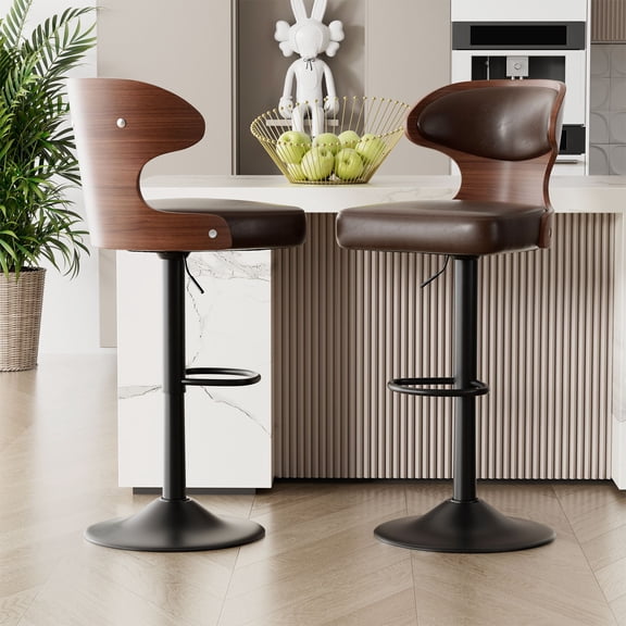 Bar Stools Set of 2, Brown Faux Leather Stools with Solid Wood Backrest, 360‑Degree Swivel Adjustable Height for Kitchen Island Home Bar