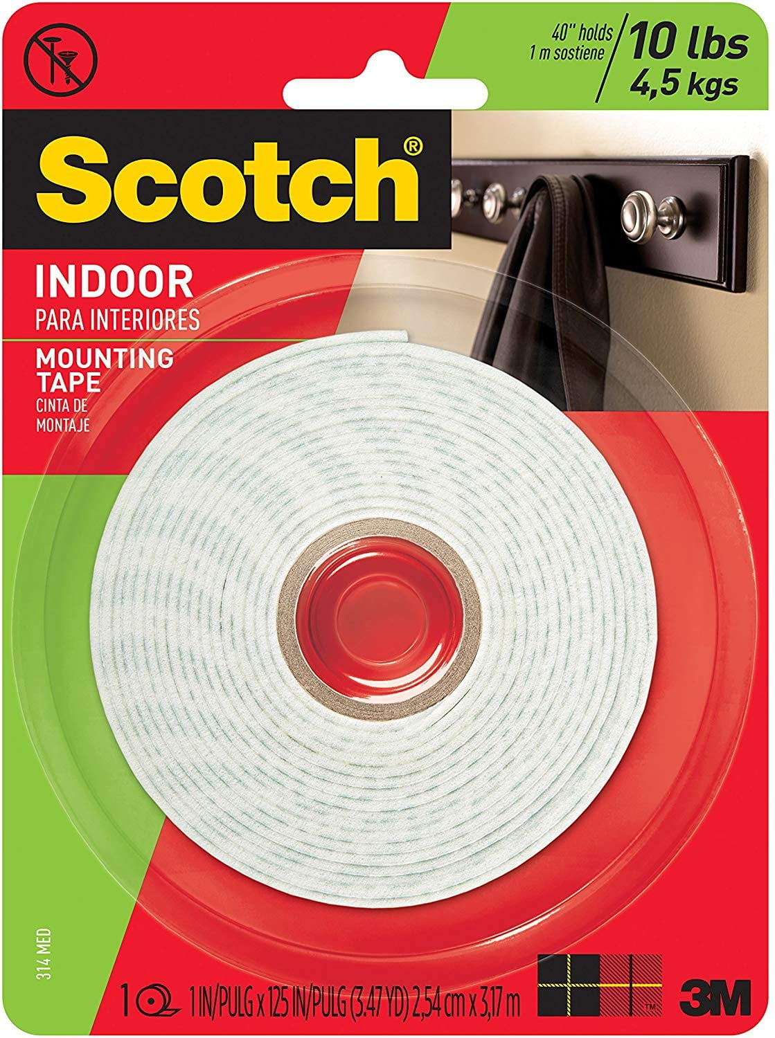 Scotch Brand 314 783961045463 Scotch Indoor Mounting Tape, 1-Inch x 125-Inches, 1-Roll 314P, White
