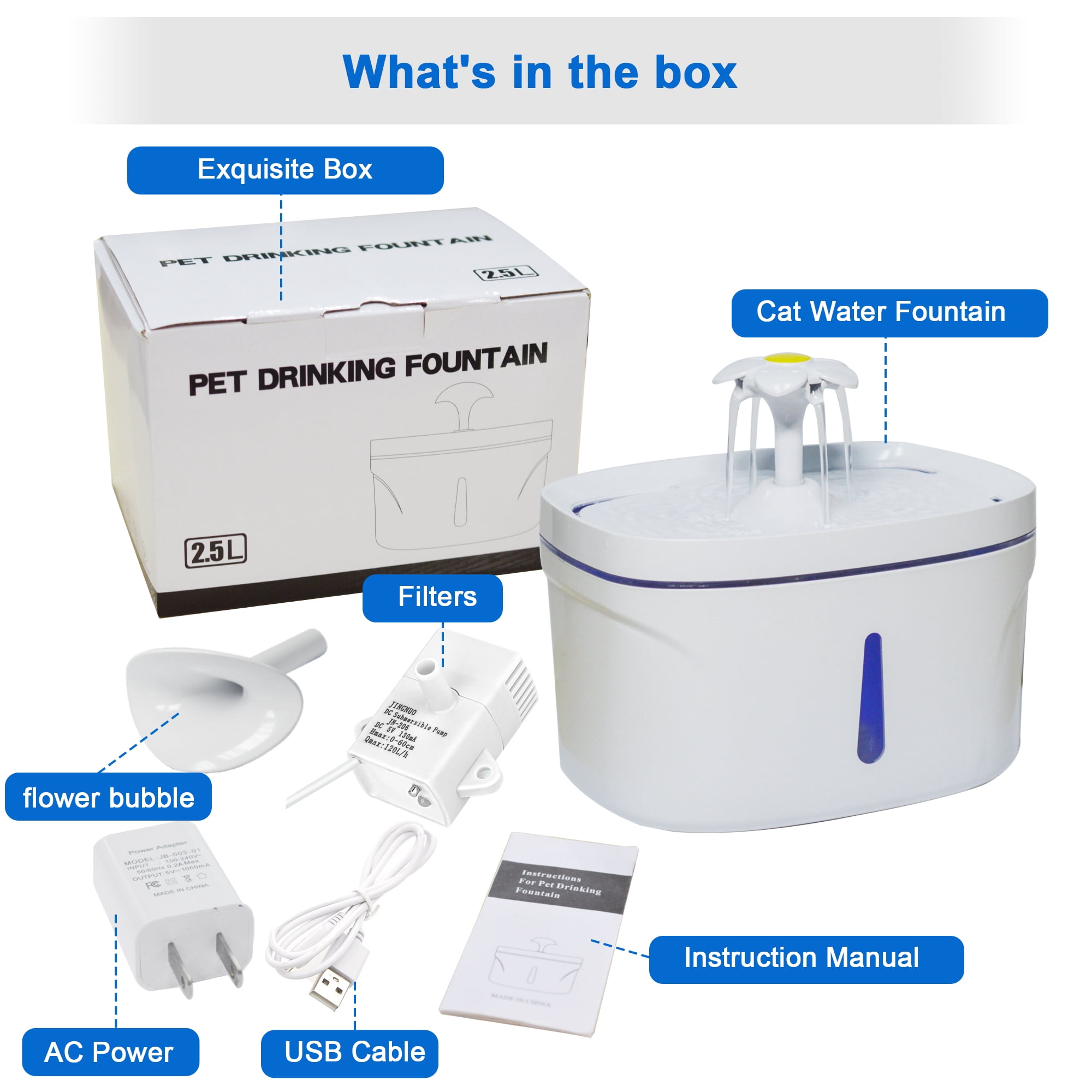 Ultra Quiet Cat Water Fountain, 84oz/2.5L Large Capacity, 2 Replacement Filters Water Dispenser, 3 Flow Design, Multiple Pets