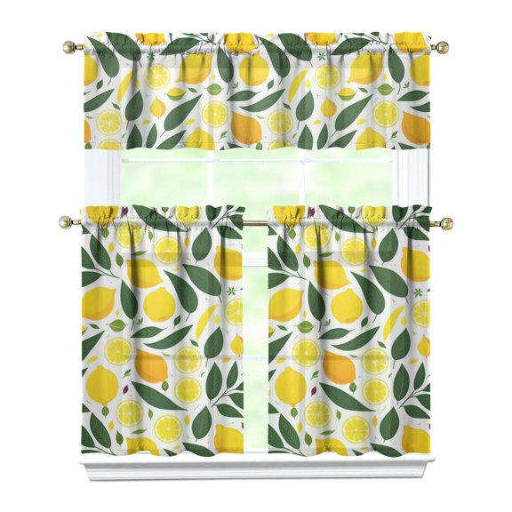 Kitchen Curtains 36 Inch Short - 3 Panel Set Lemon Print, Rod Pocket Window Curtains 100% Polyester, Cute Fruit Valance for Farmhouse, Cafe, Living Room, Bedroom, Easy Wash