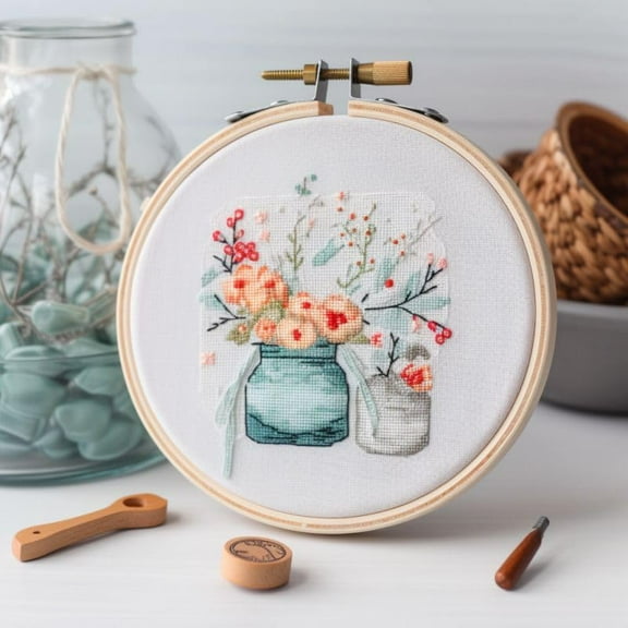 Counted Easy Cross Stitch Kits Flowers Color Stamped Embroidery for Starter Kits DIY 11CT Stamped Patterns Embroidery Needlework Kit Supplies 12 Inch Hoop Included(38-A)