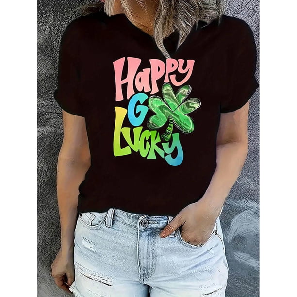 Happy St. Patrick'S Day Print T-shirt, Casual Short Sleeve Crew Neck Tee, Polyester Medium Stretch Geometric-pattern Women'S Clothing