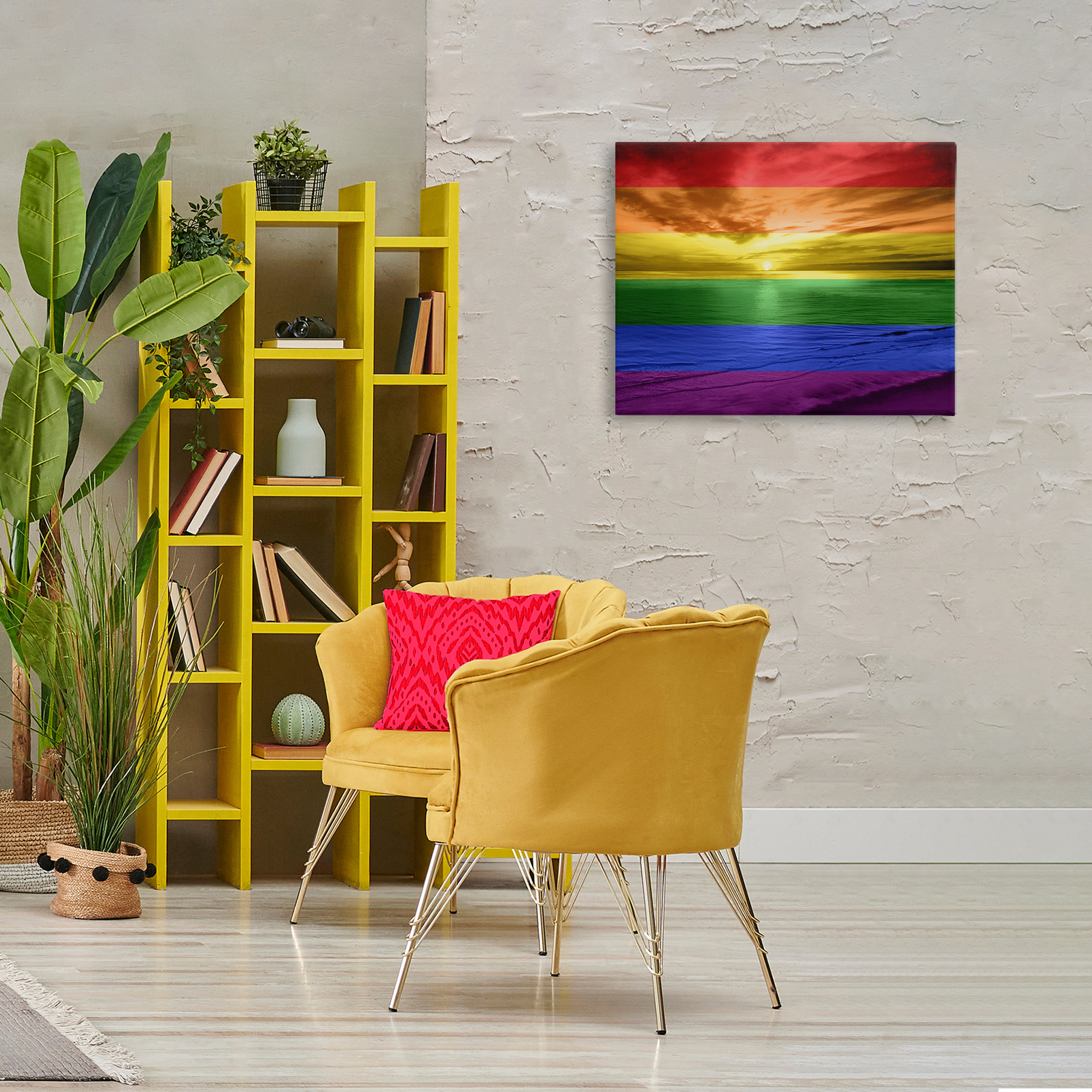 Stupell Industries Rainbow Sunset Beach Coastal Painting Gallery Wrapped Canvas Art Print Wall Art, 30 x 24