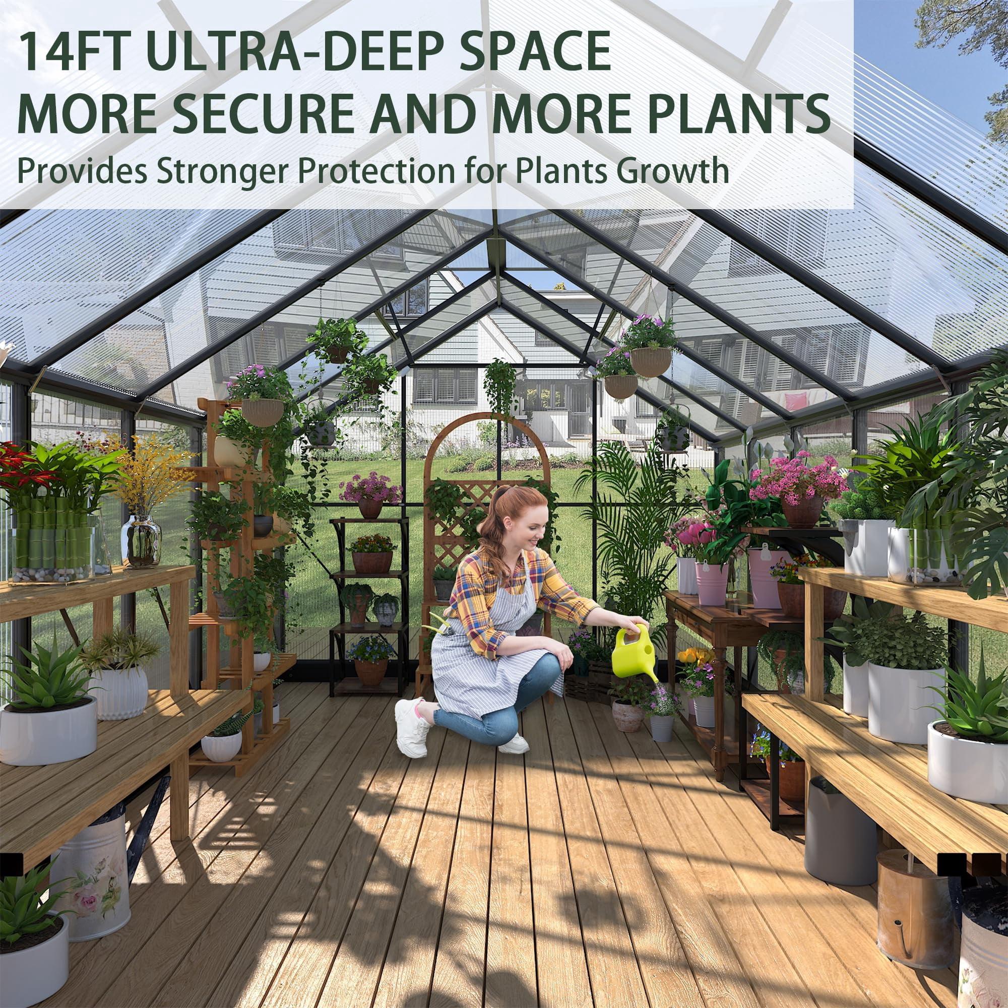 8x14 FT Greenhouse Outdoor, Akaber Walk-in Garden Greenhouse with Polycarbonate Panels, Aluminum Frame Windproof Greenhouses for Outside