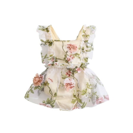 

Bagilaanoe Newborn Baby Girl Rompers Dress Flower Print Fly Sleeve Bodysuit + Headband 3M 6M 12M 24M Infant Tulle Patchwork Summer A-line Dress