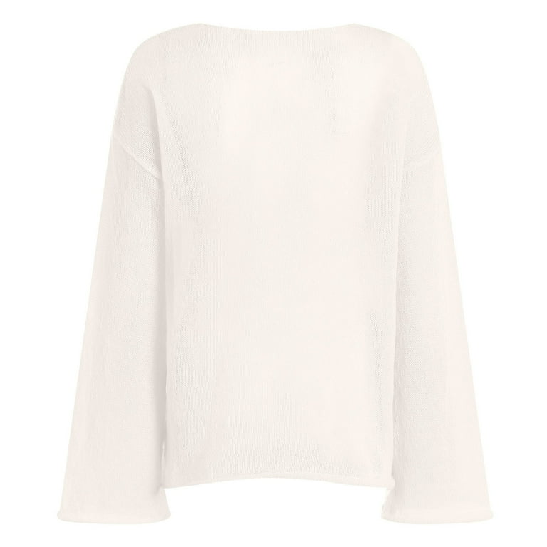 さらに100円引き◆WOOALONG◆Mesh curved neck knit long sleeve Women Sheer Mesh Knit Sweater Tops Oversized Long Sleeve O