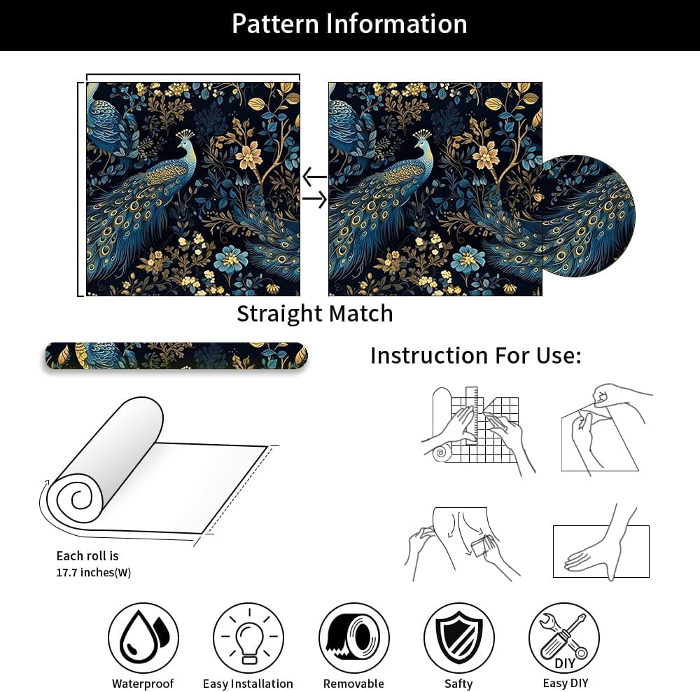 Gold/Yellow/Blue Peacock Animal Plants Dark Black Peel and Stick Wallpaper Stick on Contact Paper Vintage Wall Paper Easy Peel Off for nightstand Drawer Cabinet Renter