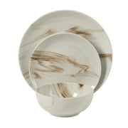 Gibson Home Cloudlight 12 Piece Plates and Bowls Dishes Brown and White - Decorated Porcelain Ceramic Dinnerware Set - Service for 4