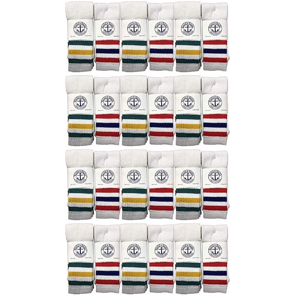 24 Pairs Of Yacht & Smith 17 Inch Wholesale Kids Tube Socks, Childrens Cotton Referee Sport Socks Size 6-8 (6-8 White w/Stripes)