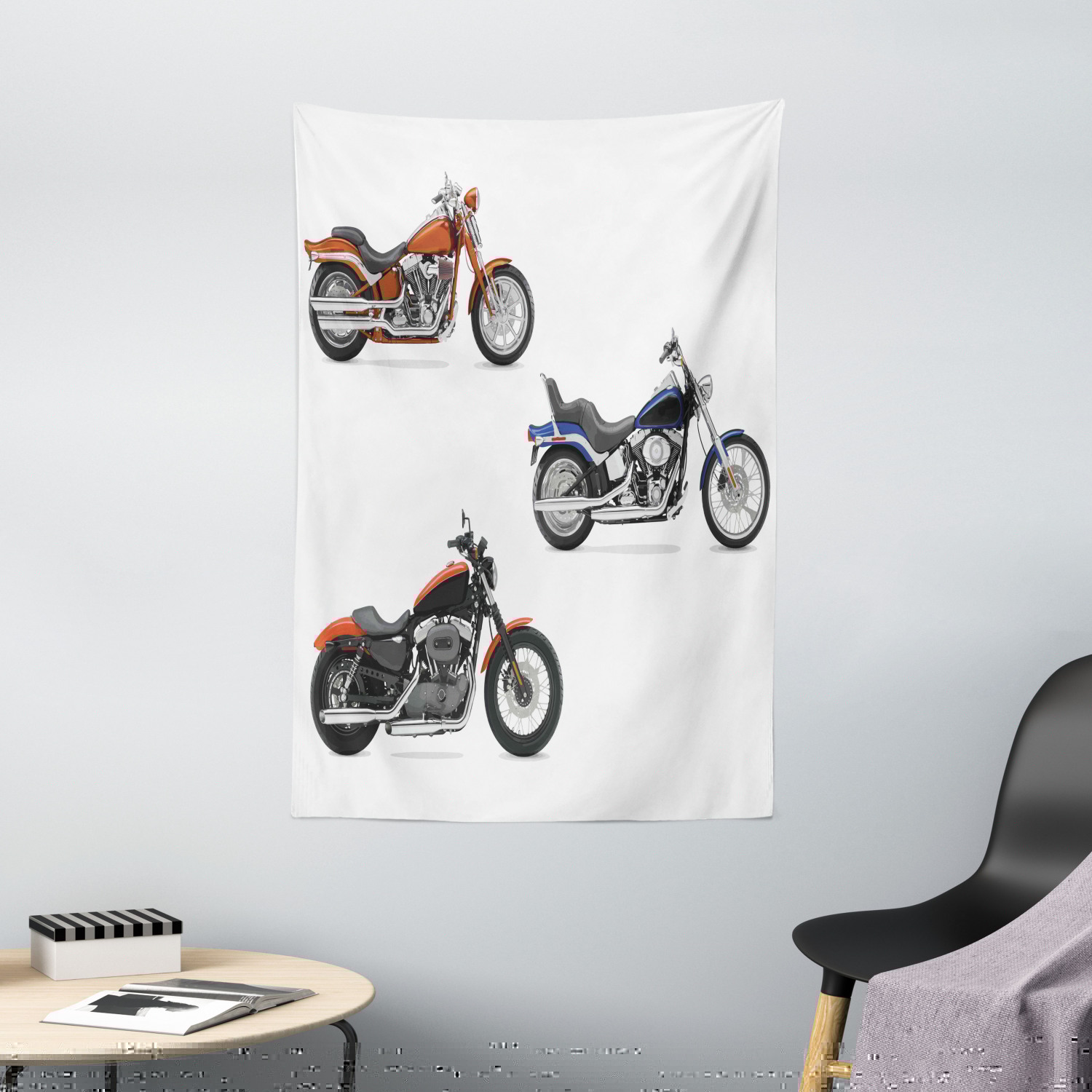 Motorcycle Tapestry, Illustration of Three Motorcycles Freedom Transport Risky Extreme Sports ...