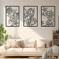 3 Pieces Metal Flower Wall Decor, Metal Door Art Wall Sculptures, Minimalist Floral Wall Hanging for Indoor Living Room Kitchen(Black)