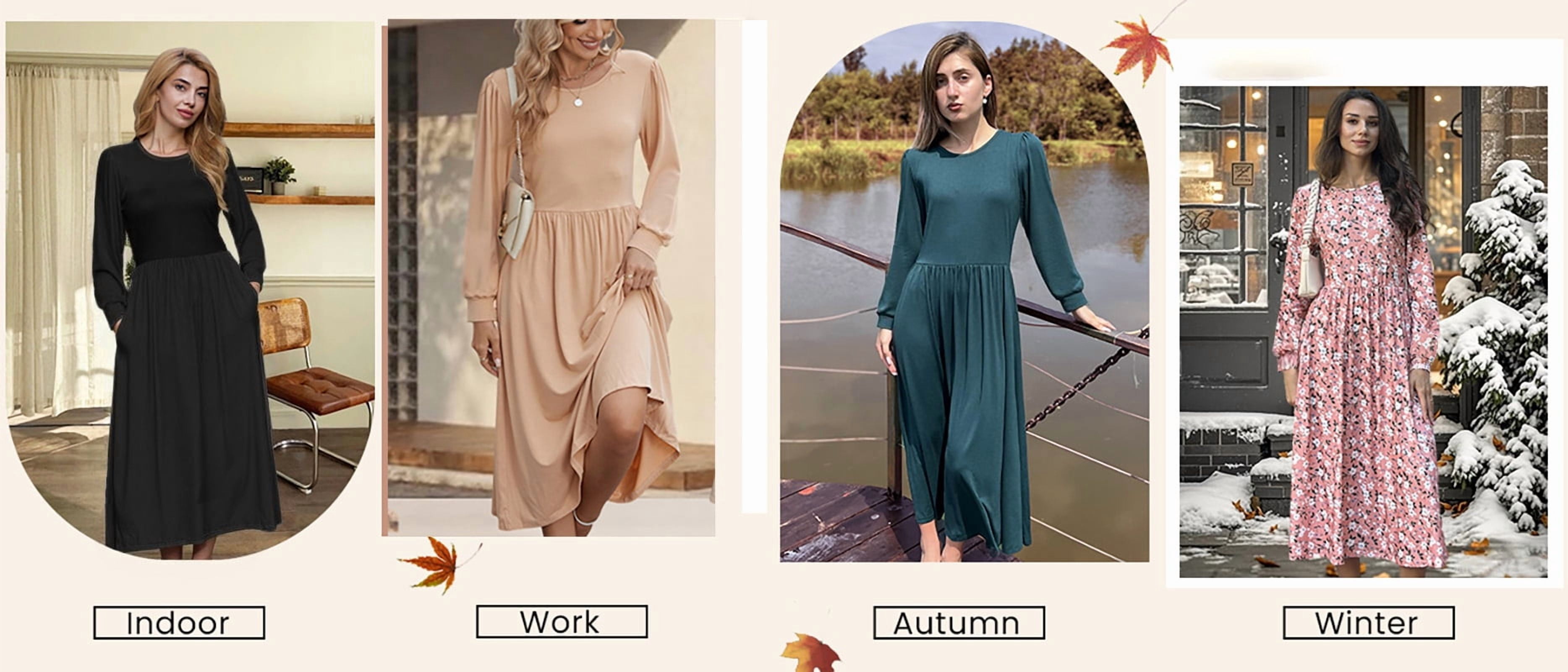 Fantaslook Long Sleeve Midi Dresses for Women Casual Floral Dress Flowy Fall Dresses with Pockets