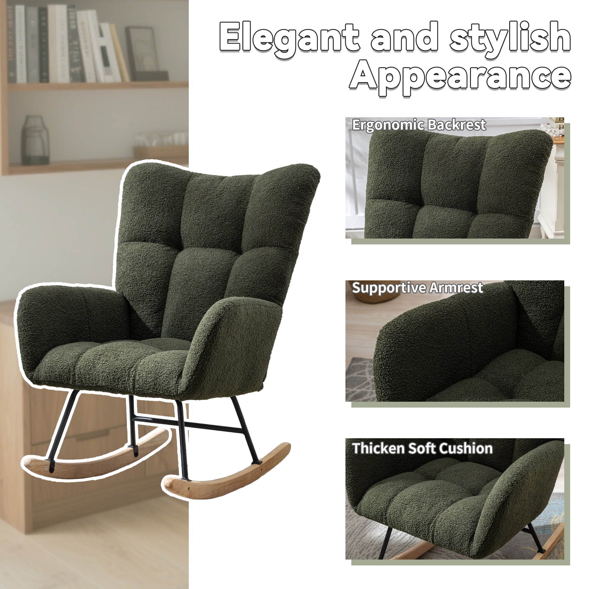 Leumius Rocking Chair Nursery,Teddy Upholstered Glider Rocker with High Backrest,Modern Rocking Accent Chairs Glider Recliner for Living Room, Nursery, Bedroom,Dark Green
