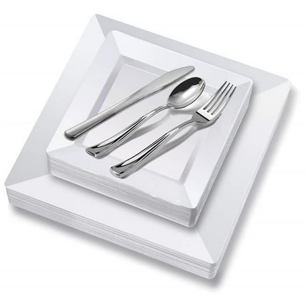 Silver Tiffany Settings - Stock Your Home 3024 White Square Plastic Place Setting Set with Plates & Cutlery, 125 Piece