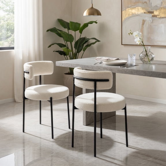 Demi Bonn Boucle Dining Chair Set of 2, Curved Backrest, Metal Legs, Soft Upholstery, White