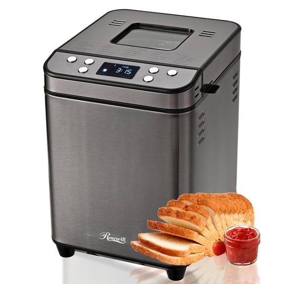 Rosewill 25-in-1 Automatic Bread Maker Machine with 3 Loaf Size up to 2LB, 700W High Power Dual Heater with BPA-free Nonstick Coating Pan, Max 15 Hours Delay Timer, Low Noise - Gray