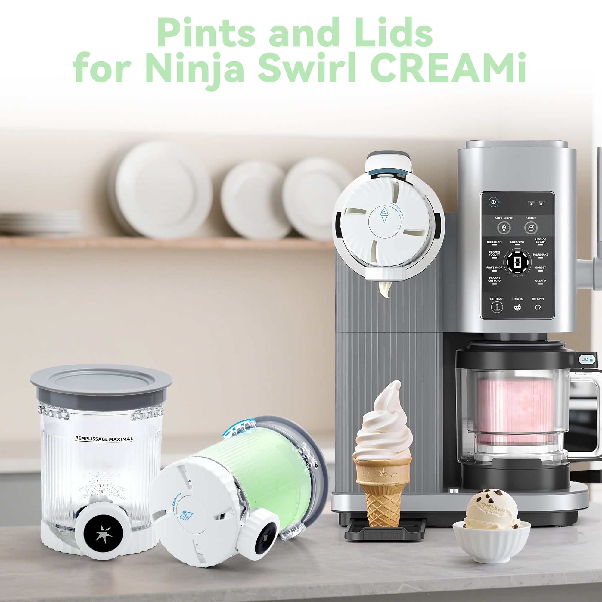 Replacement Containers 2-Pack Compatible with Ninja Swirl by CREAMi Ice Cream Soft Serve Maker NC701, Accessories for NinjaNC700 Series Ice Cream Maker，BPA-Free & Dishwasher Safe，Grey Lids
