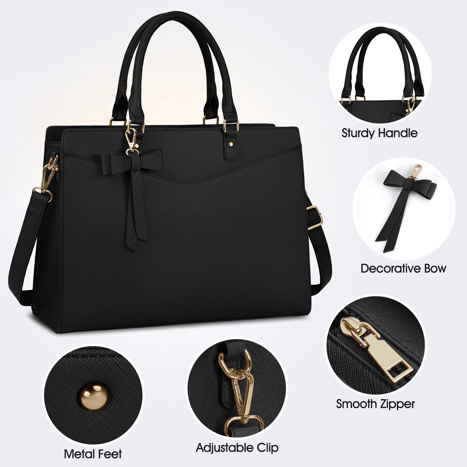 RAINSMORE Laptop Bag for Women 15.6 Inch PU Tote Bag Business Office Work Bag Waterproof Briefcase Computer Tote Lightweight Handbag Shoulder,Black