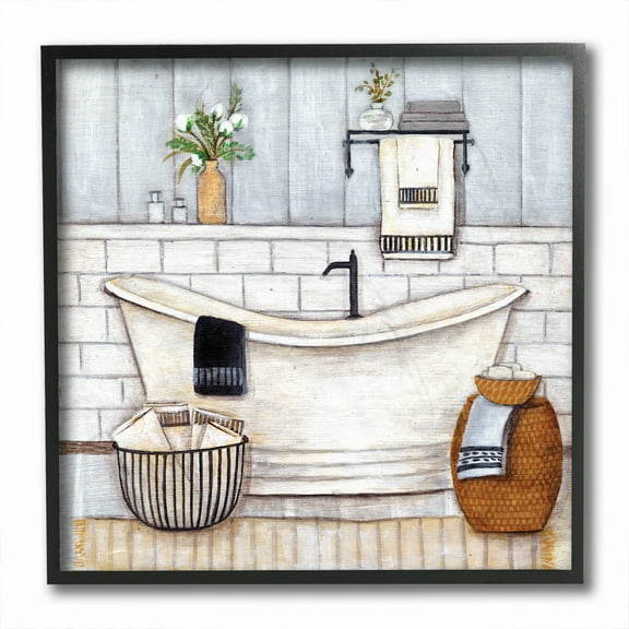 Stupell Industries Bathroom Farmhouse Style Tub Neutral Gray Drawing Framed Wall Art by Yellow Café