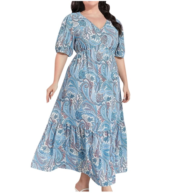 Vestido Corto de Manga Larga para las Mujeres, Tamaño Grande Estilo Étnico Impresión Cuello Redondo Encaje Cintura Grande Doblado para Ocasional