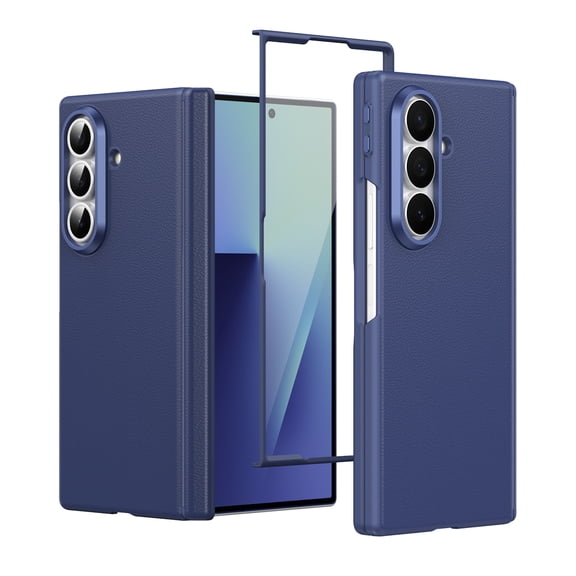 Dteck Case For Samsung Galaxy Z Fold 7,Luxury Leather Case Built-in Front Tempered Glass Screen Protector Hinge Protection PC Cover for Galaxy Z Fold 7,Blue