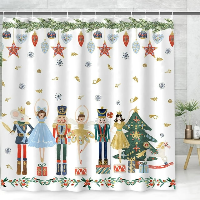 WJCA Christmas Nutcracker Shower Curtain with Hooks - Watercolor Cartoon Design, Polyester Fabric Bathroom Decor Set, 72x72 Inches for Home & Hotel