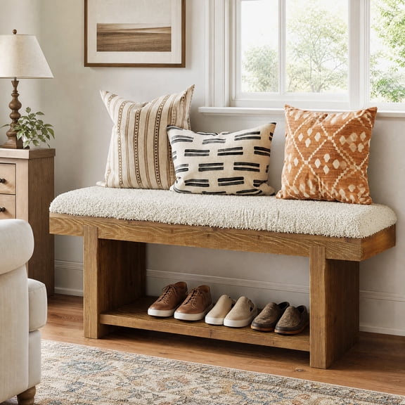 Fnova 47" 2-Tier Solid Wood Entryway Bench with Storage Shelf, Upholstered End of Bed Bench for Bedroom, Entryway, Brown