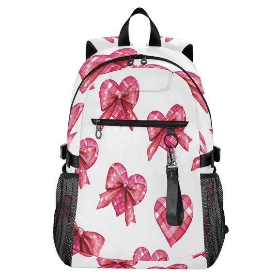 Full‑Print Casual Laptop Backpack, 20L Water‑Resistant Twill Tote Daypack with 14 Inch Computer Compartment for School Business Travel Cute Pink Heart