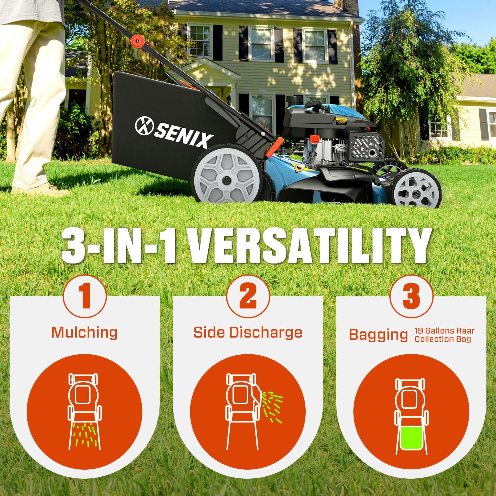SENIX Self-Propelled Gas Lawn Mower, 22-inch Cutting Blade, 201 cc, 3-In-1, 6-Position Adjustment, 11-inch Rear Wheel 19-Gallon Bag