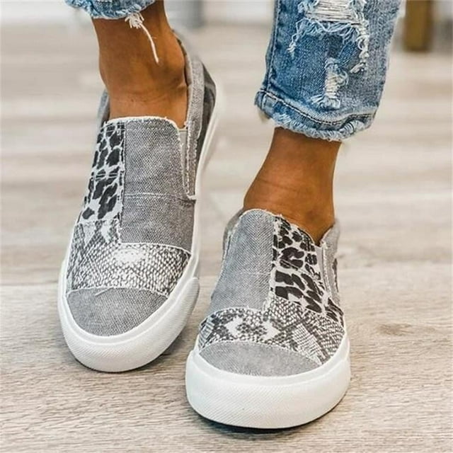Chaussures à Bout Rond pour Femmes Espadrilles Léopard à Enfiler Patchwork Chaussures Plates en Toile Chaussures Décontractées Paresseuses