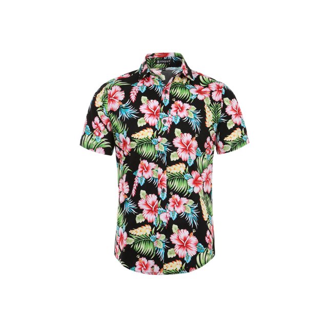 Camisa de Hombre de Manga Corta con Estampado Floral, Botones y Cuello Tipo Hawaiian 34 Negro Rojo Estampado Floral