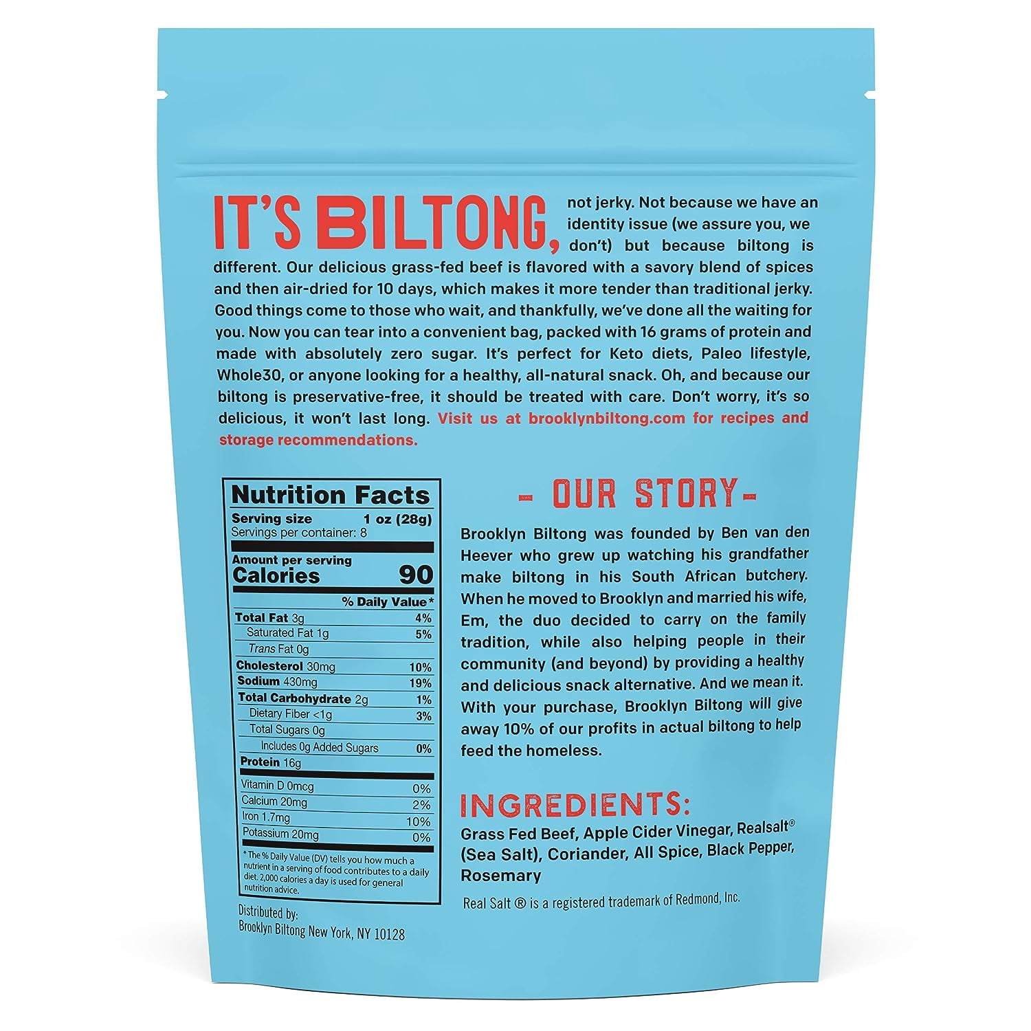 Brooklyn Biltong - Air Dried Grass Fed Beef Snack - Whole30 Approved, Paleo, Keto, Gluten Free, Sugar Free, Made in USA (Original)
