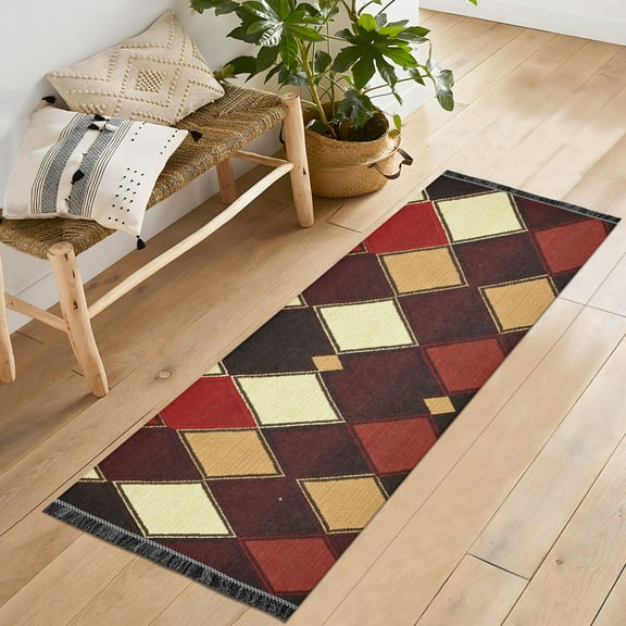 Ryvnso Brown Checkered Plaid Pattern Bedroom Runner Rug 2'x6' Hallway Area Carpet Non Slip Entryway Mat with Tassels