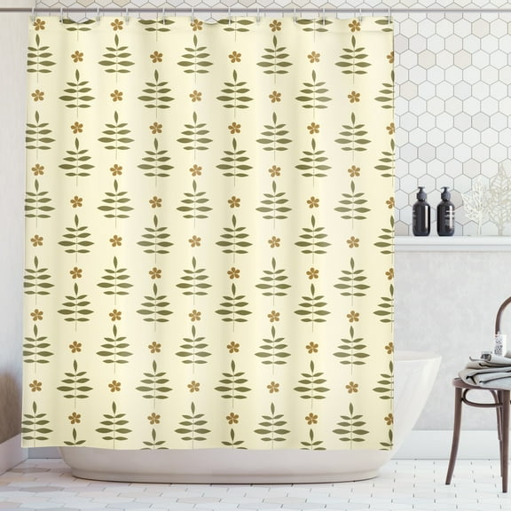 Floral Shower Curtain, Foliage Leaves with Blossoms on Cream Toned Vintage Style Background, Fabric Bathroom Set with Hooks, 69"W X 75"L Long, Reseda Green Brown Cream, by Ambesonne