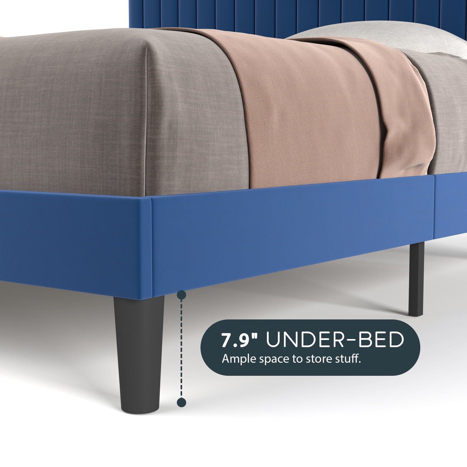 Einfach Queen Size Platform Bed Frame with Upholstered Adjustable Velvet Vertical Tufted Headboard, Blue