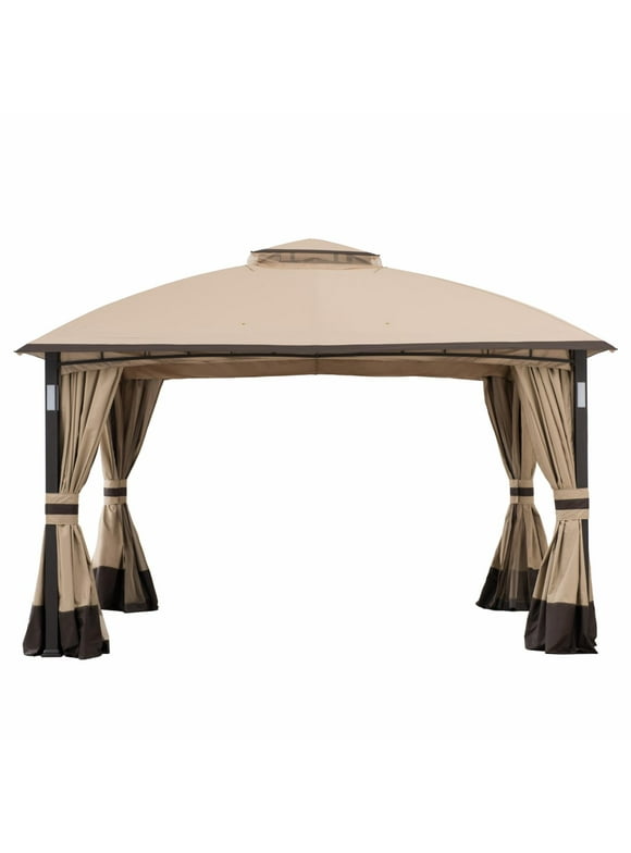 Sunjoy 11 ft. x 13 ft. Gazebo with LED Lighting and Blue Tooth Sound - Tan and Brown