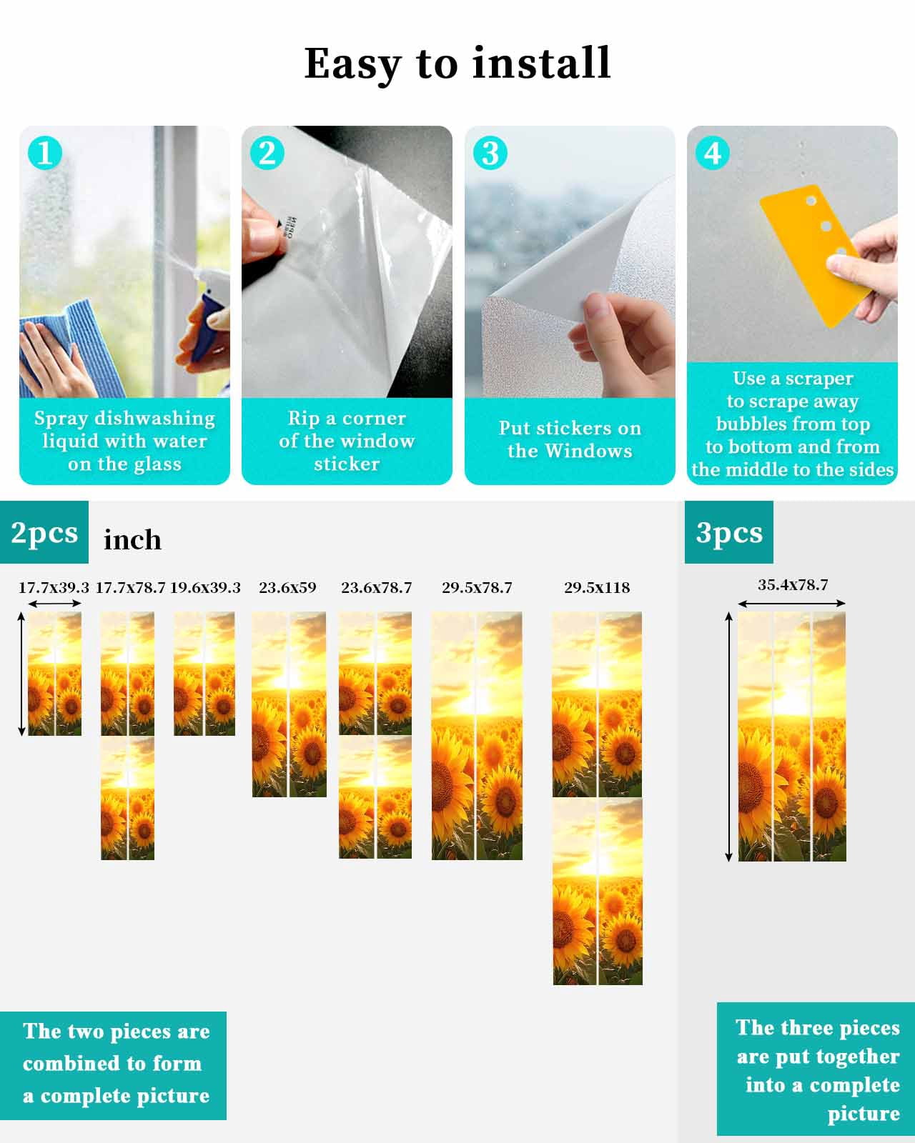 Window Privacy Film Summer Sunflowers Stained Glass Window Film Decorative Sun Block Window Cover Farmhouse Botanical Floral Sunset Window Clings Static Adhesive Sticker for Bathroom 23.6"x59"
