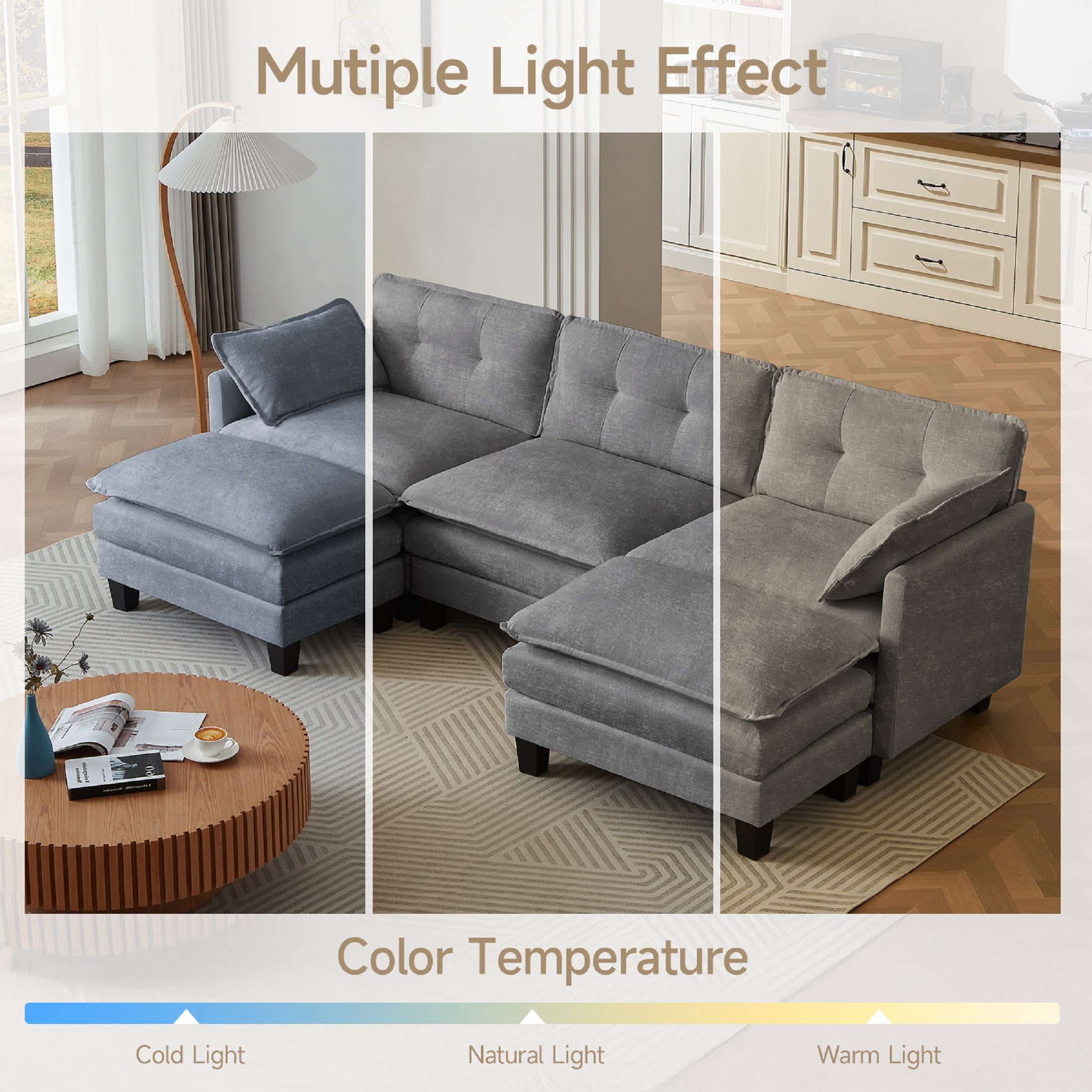 Amsleekey 111.5" Modular Sectional Sofa with 2 Movable Ottomans, U-Shaped Modern Chenille Cloud Couch for Living Room, Comfy Deep Seat Large Daybed, Grey