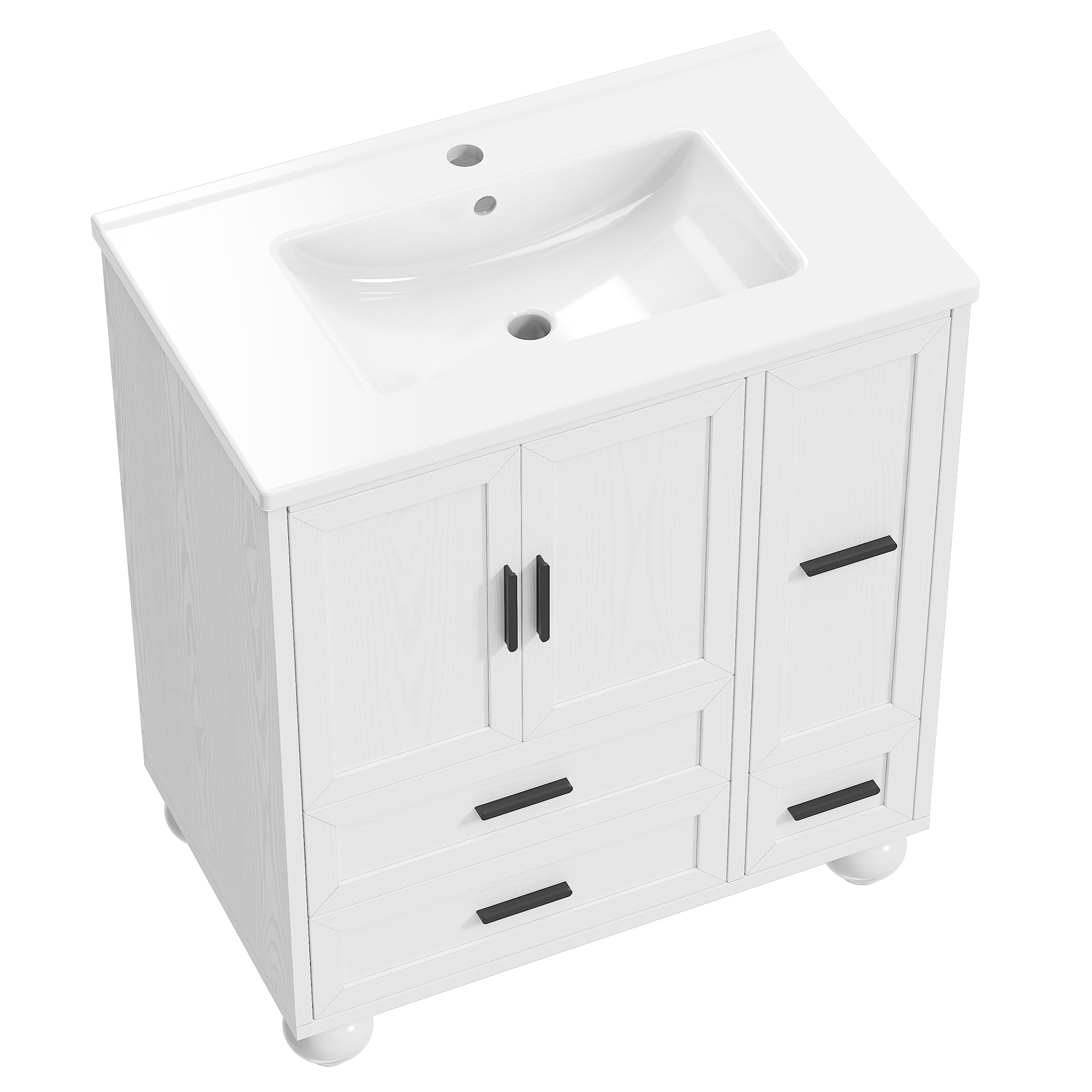 LIKIMIO 30" Bathroom Vanity with Ceramic Sink Combo, White Bathroom Storage Cabinet with Hair Tool Pull-out Drawer, 4 Solid Legs, 4 Drawers, Freestanding Wooden Modern Bathroom Cabinet