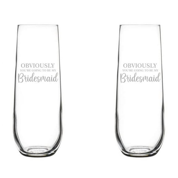 Set of 2 Glass Champagne Flutes Sparkling Wine Glasses Bridal Party Bridesmaid Proposal Script (8.5 oz Stemless)