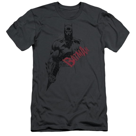 Batman Sketch Bat Red Logo S/S Adult 30/1 T-Shirt Charcoal