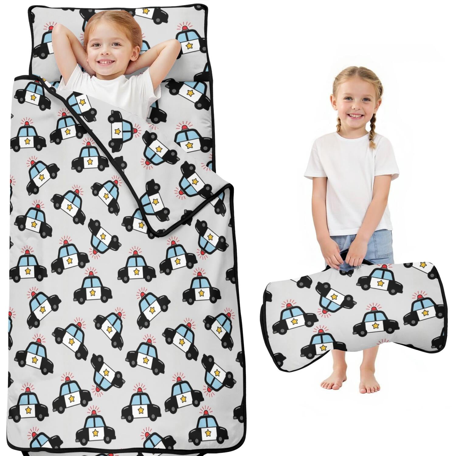 Police and Star White Pattern Kids Nap Mat Daycare Sleep Mat with Handle & Fastening Straps Soft Skin Friendly Gifts for Toddlers Kids Boys Girls 51 x22