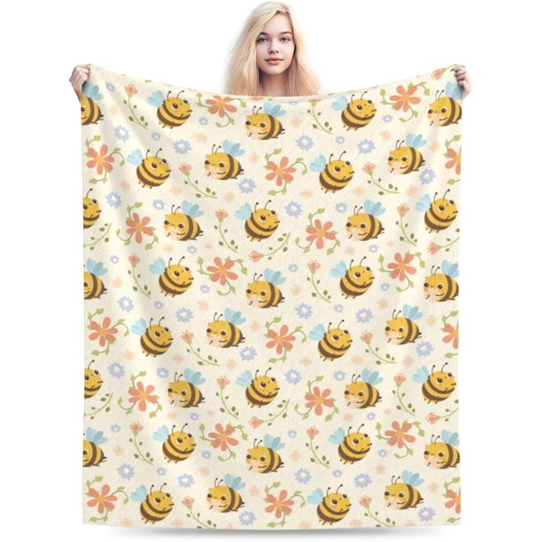 Manta de abejas y flores amarillas, manta de franela suave y ligera y esponjosa con diseño de abejas para decoración de sofá, cama, manta de 80 x 60 pulgadas con diseño de abejas