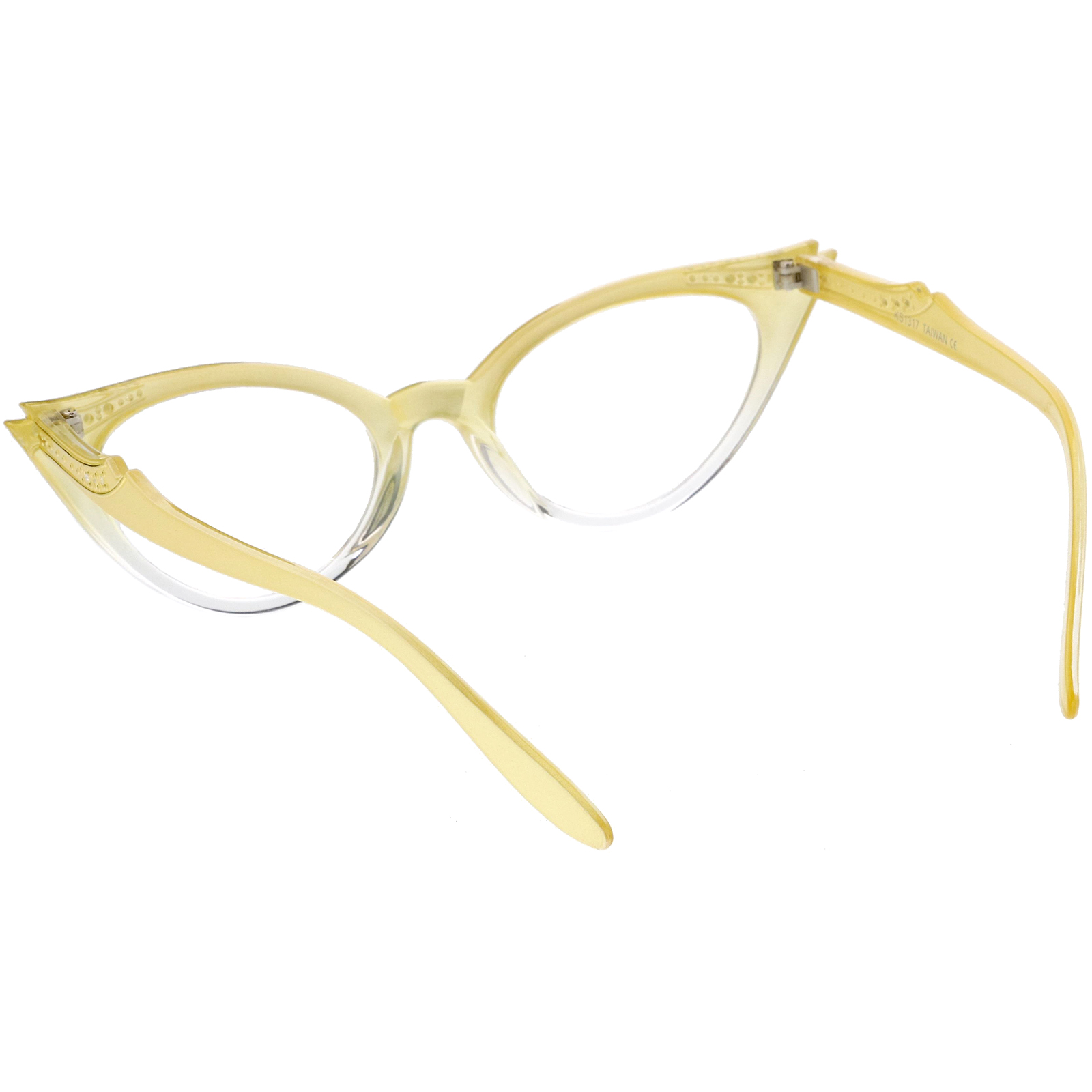 Zerouv Female Womens Retro Rhinestone Embellished Clear Lens Cat Eye Glasses 51mm Yellow 