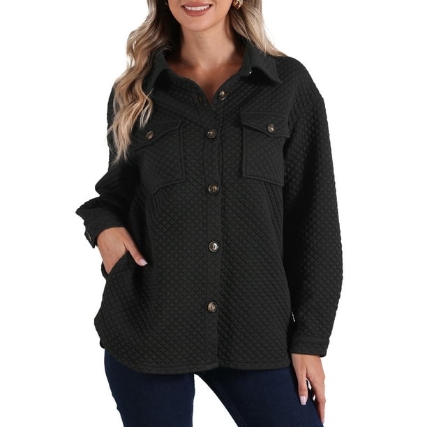 Chaqueta Casual de Cuello con Botones de Manga Larga y Bolsillos para Mujeres Negra S