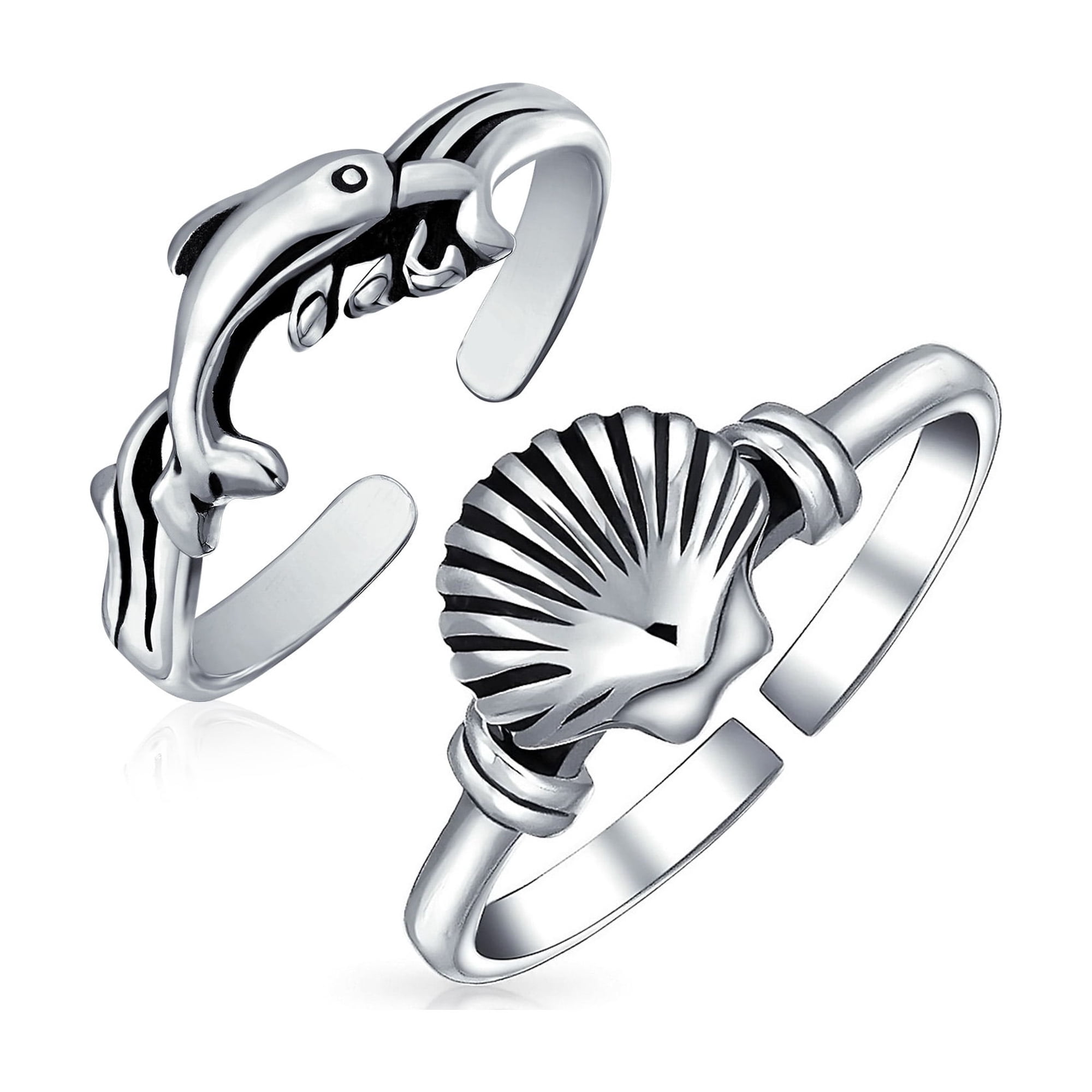 Bling Jewelry Womens Dolphin & Clam Shell Toe Ring Adjustable .925 Sterling Silver (Set of 2)
