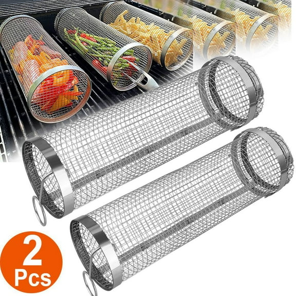 Stainless Steel Round Rolling Grill Basket Outdoor Camping Barbecue Grilling 2PC