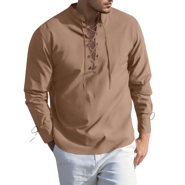 Medieval Style Men's Shirt Long Sleeve Casual Daily Wear Tunic Top With Drawstring Pure Color Soft Stretch Fabric For All Seasons